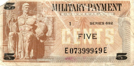 US MPC 5 Cents 1969 Series of 692 Plate # 84, Vietnam War, Man w/ Roman ... - $14.44