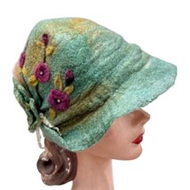 VTG Hand-Felted Wool Cloche Hat Green Floral Feather Accent Artisan Wear... - $113.80