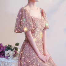 BLUSH PINK Sequin Midi Dress GOWNS Vintage Sleeved Wedding Party Sequin ... - $120.00