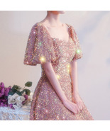BLUSH PINK Sequin Midi Dress GOWNS Vintage Sleeved Wedding Party Sequin ... - £93.97 GBP
