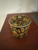 Lotus Flower Tin Metal Lidded Container Orange Brown Daher England Vintage 5.5&quot; - $13.74