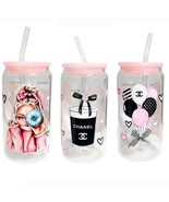 Fashion Clear Glass Tumbler Cup 16 oz Pink UV DTF Design With Glass Straw - £13.94 GBP