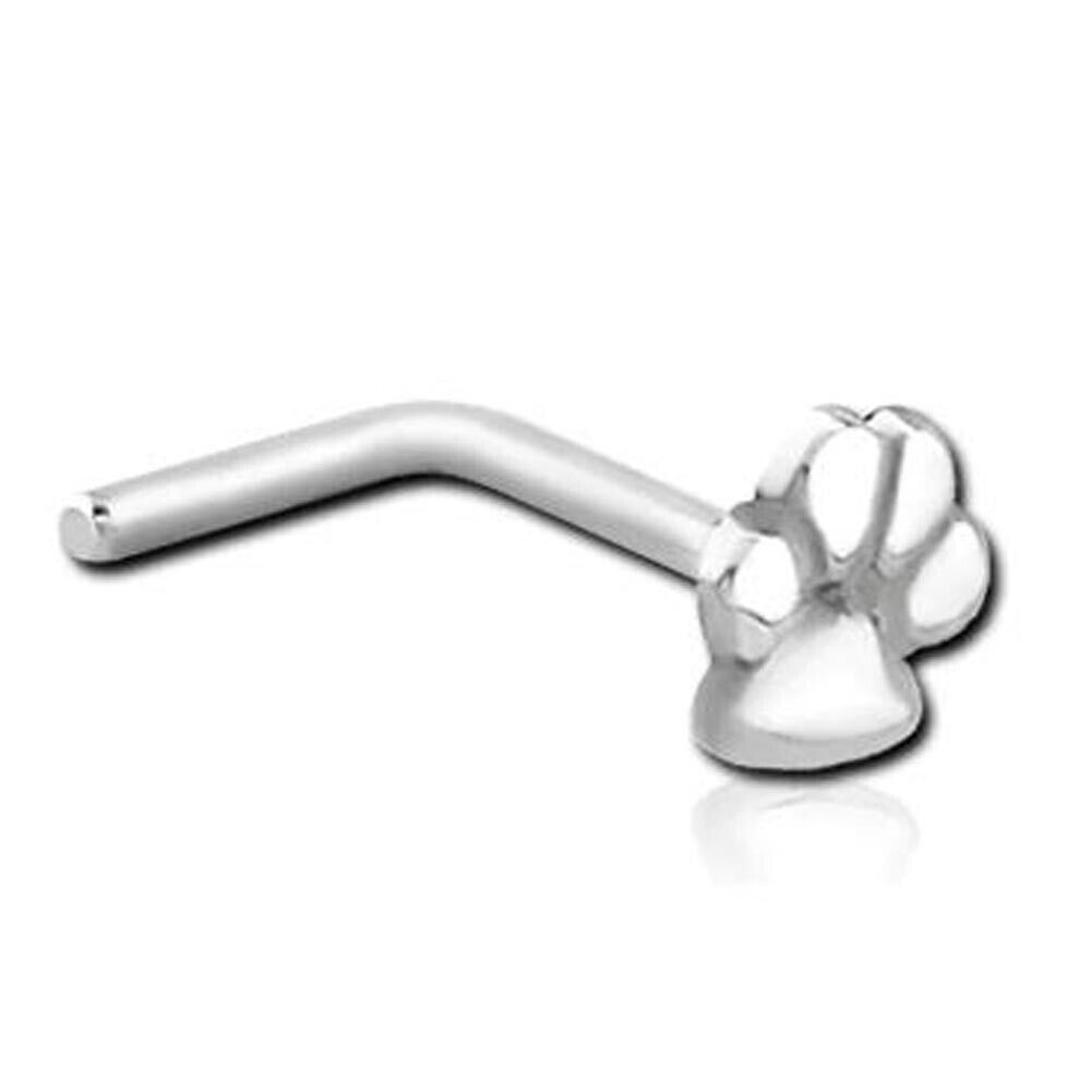 Primary image for 14K White Gold-Plated Silver Mini Paw Print L-Bend Nose Hoop Stud Pin 20 Gauge