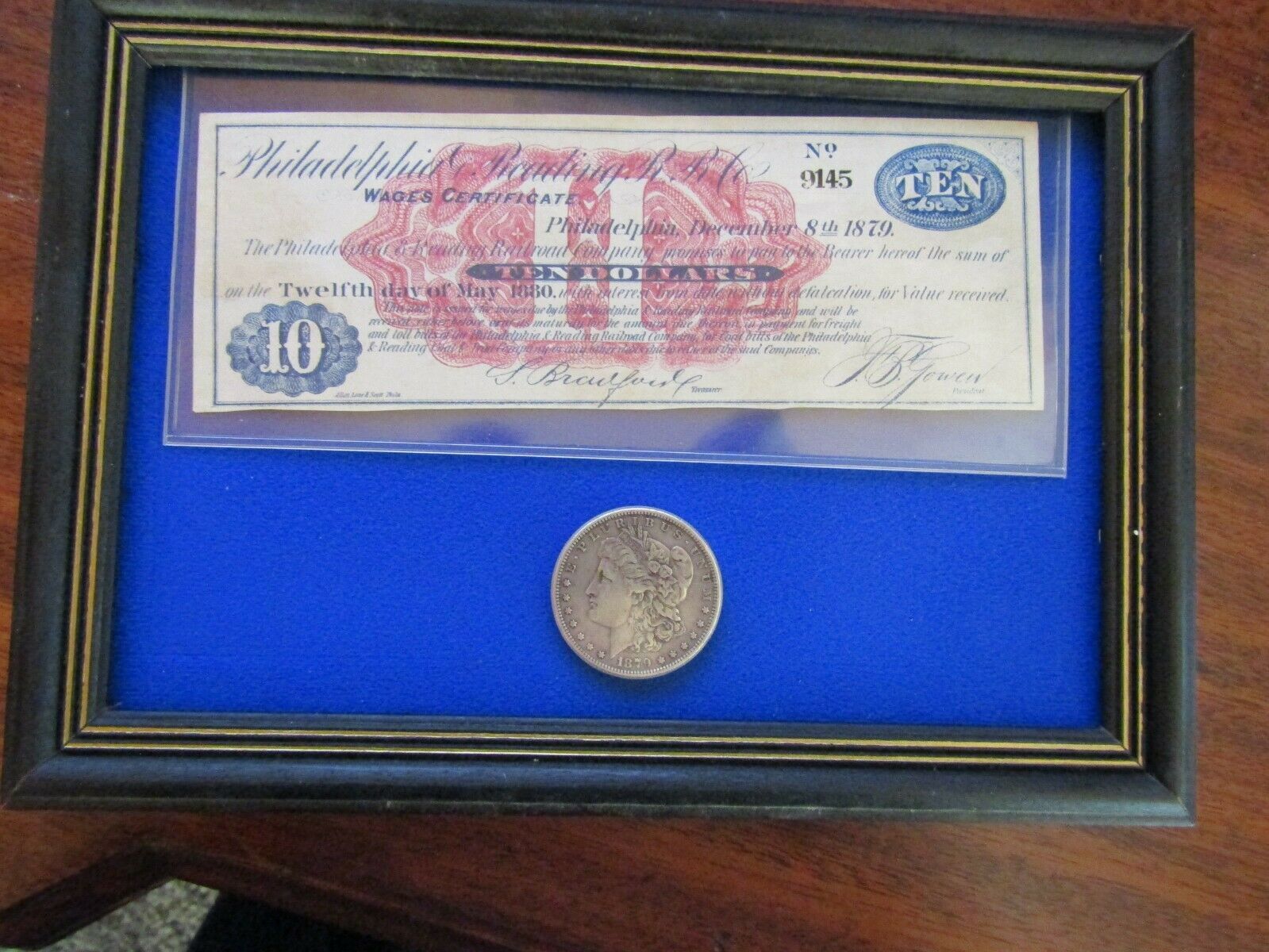 Philadelphia & Reading Railroad Wages certificate 1879 Plus 1879 Morgan Silver D - $99.99