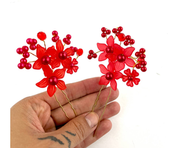 2 PC Red Faux Pearl Flower Gold Tone Hairpin Hair Decor Bridal Party - £6.35 GBP