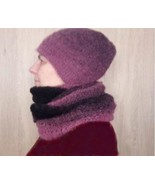 Hand Knitted Infinity Scarf with pink black ombre color SET Snood and Be... - $47.00+
