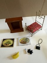 lot Vtg Mini dollhouse room accessories Pictures metal bed fireplace camera bana - £11.83 GBP