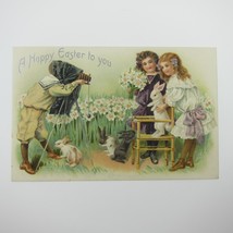 Easter Postcard Boy Photographs Girls with Rabbits Flowers Tuck Embossed Antique - £7.82 GBP