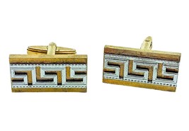 Vintage Greek Key Cuff Links, Textured Two Tone Mod Mid Century, Dapper Gift - $37.74