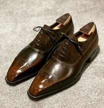 Men&#39;s Handmade Brown Leather Lace Up Chiseled Cap Toe Oxford Dress Formal Shoes - £102.86 GBP+