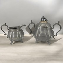 Antique Shaw Fisher Pewter Sugar Bowl and Creamer Set Footed Bird on the Lid - £65.03 GBP