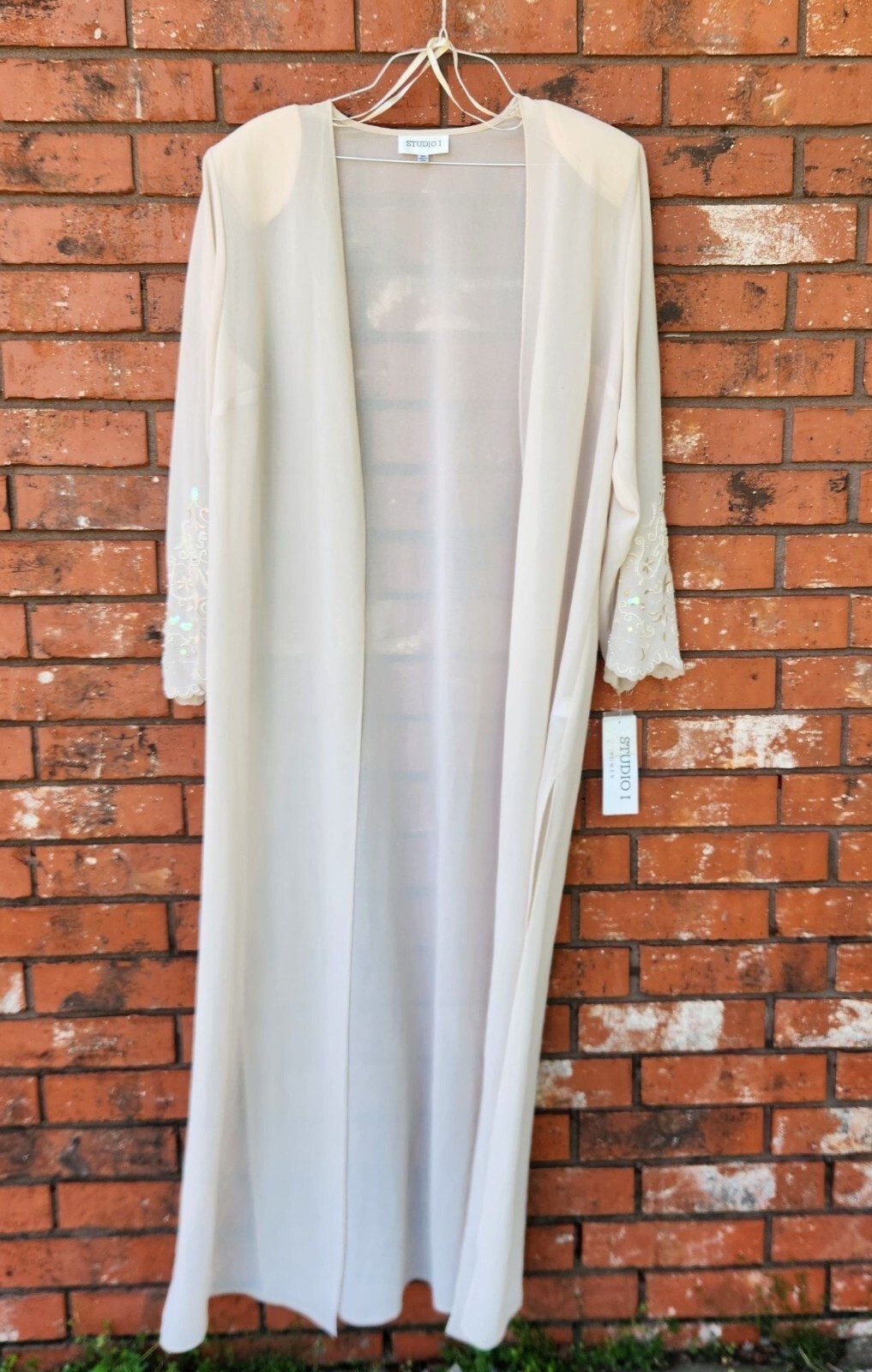 Studio I Women&#39;s Cardigan Duster Longline Sheer Cream With Beaded Sleeve - $11.30
