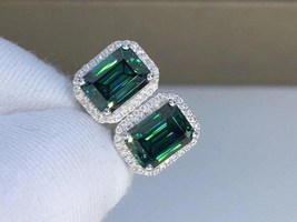 7.8ct Green Emerald Cut Simulated Diamond Halo Push Back Stud Dainty Earrings - £62.94 GBP