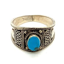 Vtg Signed Sterling Silver Bohemian Style Filigree Oval Turquoise Ring sz 10 1/2 - £31.64 GBP