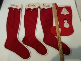 Estate Xmas LOT of 4 MCM Handmade Cloth Stockings w/ bells personalized   - $89.95