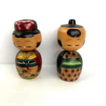 Kokeshi Dolls Male Female Japan Peg Head 5&quot; 1970’s Hand Painted Hand Carved Wood - £21.66 GBP