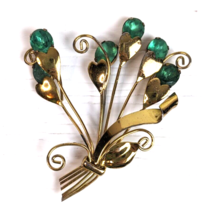 Vintage brooch pin bouquet of flowers heart green rhinestones gold tone - $19.79