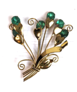 Vintage brooch pin bouquet of flowers heart green rhinestones gold tone - £15.52 GBP
