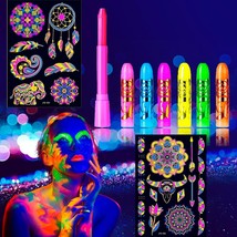 Face Body Paint Kit Makeup &amp; 2 Pack Tattoos UV Neon Glow in The Dark 6 Pack - £12.59 GBP