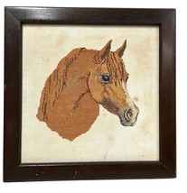 Vintage 1990 Wool Needlepoint Framed Horse Picture 17&quot; x 17&quot; Wood Frame - $123.81