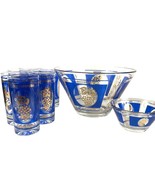 Vintage Hazel Atlas Blue &amp; Gold Grapes 9-Piece Set: 7 Tumblers, 2 Bowls ... - £44.75 GBP