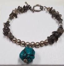 8&quot; Black Obsidian Chip Silver Bead SS Wire Turquoise Nugget Pendant Bracelet - £15.87 GBP