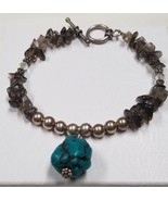 8&quot; Black Obsidian Chip Silver Bead SS Wire Turquoise Nugget Pendant Brac... - £15.64 GBP
