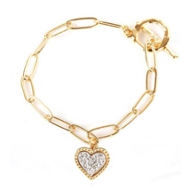 Sparkling Heart Paper Clip and Beaded Chain Bracelet Gold - £10.35 GBP