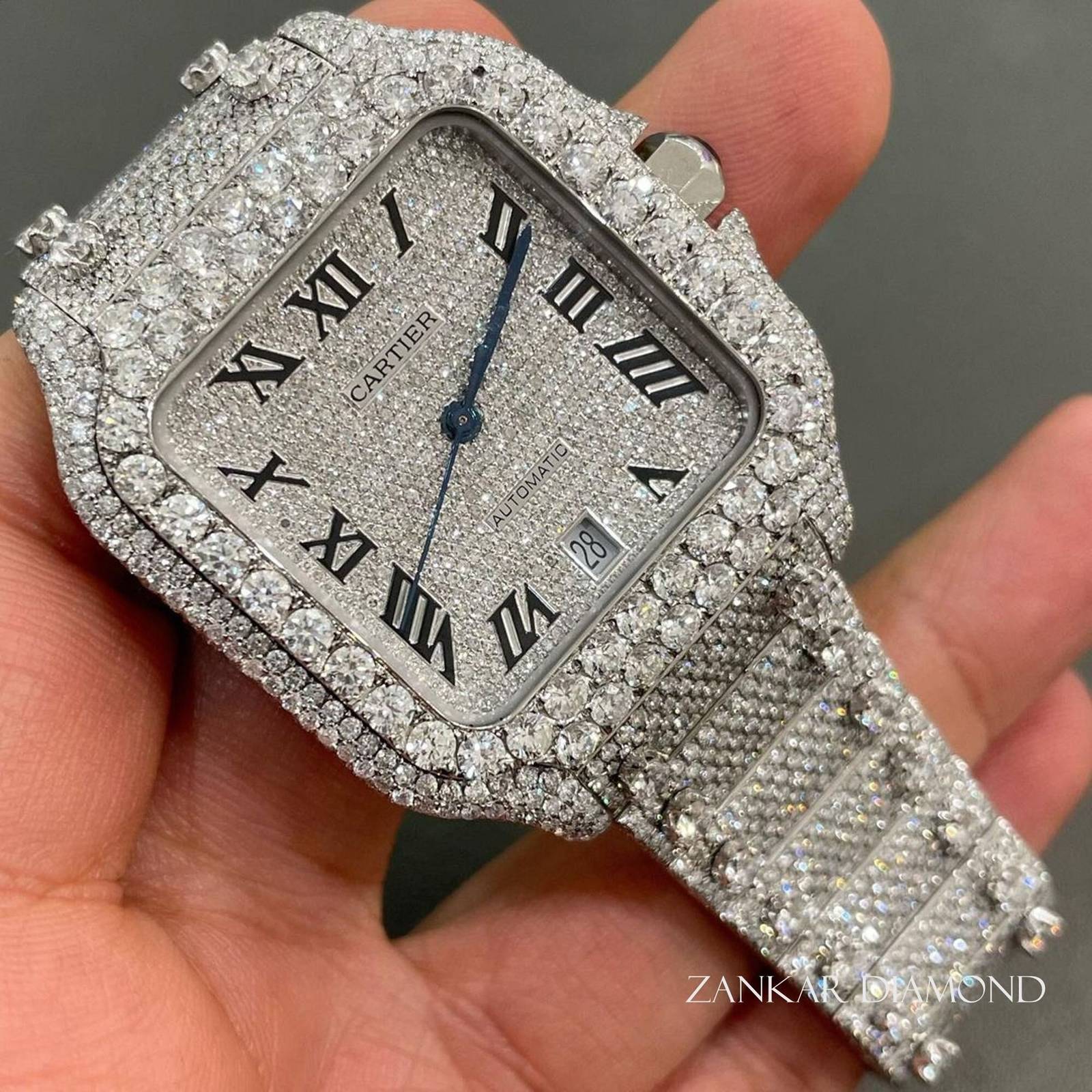 Cartier Santos VVS1 Moissanite Studded Diamond Watch, White Gold Plated ... - $2,250.00