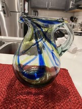 Mexican Handblown Art Glass Cobalt  Blue Green Swirl Pitcher Ewer 9&quot; Tall - $29.70