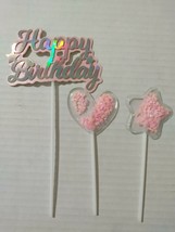 3 Pcs Pink Happy Birthday Heart &amp; Star Cake Topper Girl Party Event - £8.72 GBP