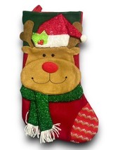 Christmas 3D  Fabric Glittered Rudolf Reindeer &amp; Woof Dog Stocking - $27.71