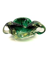 Vintage Hand Blow Green Folded Edge Art Glass Candy Dish Bowl Ashtray 6.5&quot; - $34.62