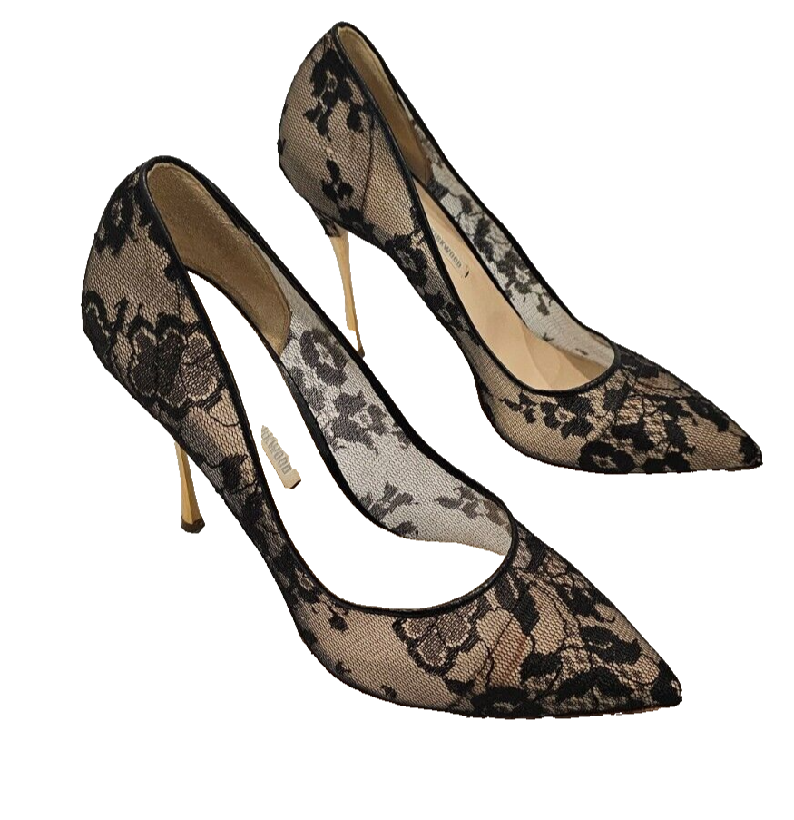 NICHOLAS KIRKWOOD Black Lace Sheer Mesh Floral Stilettos with Gold Heel ... - $180.00