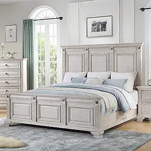 Roundhill Furniture Renova Distressed Parchment Wood Panel Bed, King - £1,364.50 GBP