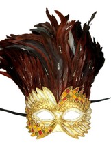 Golden Sun Goddess Burgundy Feather Masquerade Mardi Gras Mask - £31.31 GBP