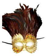 Golden Sun Goddess Burgundy Feather Masquerade Mardi Gras Mask - £31.55 GBP