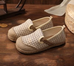Houndstooth Embroidery Women Handmade Linen Cotton Slip On Loafers Ladies Casual - £32.49 GBP