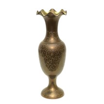 Etched Solid Brass Ruffled Edge Tall Flower Vase13&quot; height Vintage - $29.67