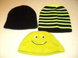 Lot of 3 Baby Boy Knit Hats Lime Green &amp; Black Carter&#39;s 9 mos, Healtex One Size - £6.57 GBP