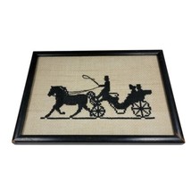 Antique Cross Stitch on linen SILHOUETTE Man Driving Couple Coach &amp; Carriage  - £37.46 GBP
