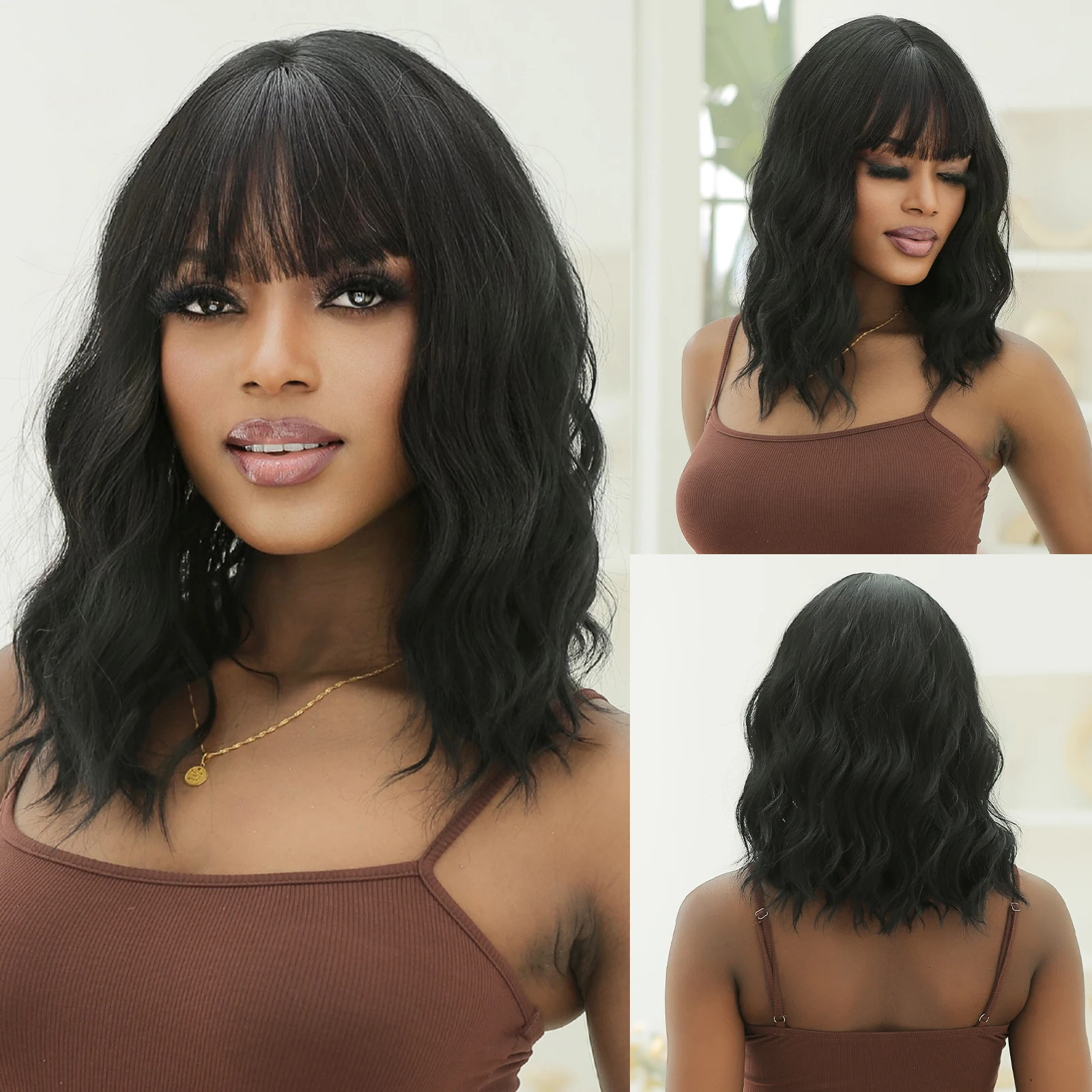 Short Wavy Bob Synthetic Wigs Black Natural Hair Wigs for Women Afro with Ban - £12.11 GBP+