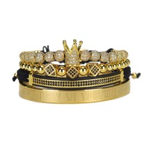 4pcs/Set Luxury Copper beads King Crown Men Bracelet Stainless steel bangle CZ B - £31.87 GBP