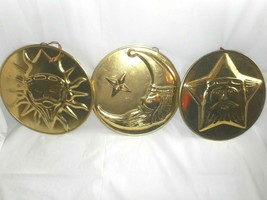 STAR MOON SUN Metal Discs Ornaments Gold Tone Metal Raised Images 3 Piec... - $13.49