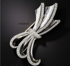 Art Deco Brooch, Brooch Pave Diamond White Gold Bow Brooch, Antique Brooch - $333.00