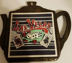 Vintage Las Vegas Trivet Cast Iron Tea Pot Shaped Tile Souvenir 1989 - £9.19 GBP