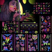 8 Large Sheets Neon Temporary Tattoos 100 Shimmer Designs Glow UV Neon Body Face - £18.49 GBP