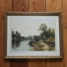 Vintage Levis Signed Country Cottage Near Stream w Bridge Print in Gilt Painted  - £11.90 GBP
