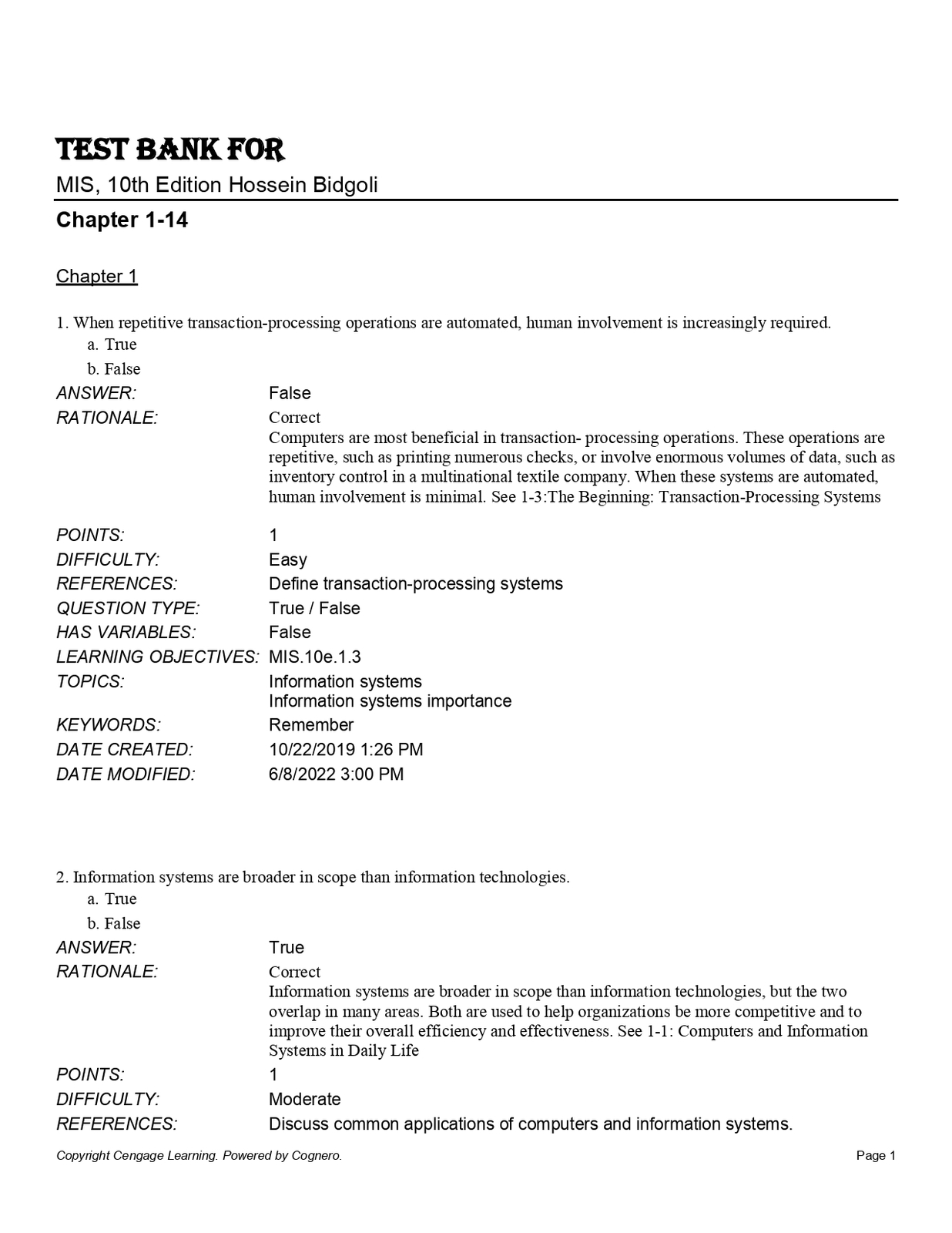 Test Bank for For MIS, 10th Edition Hossein Bidgoli - $17.99
