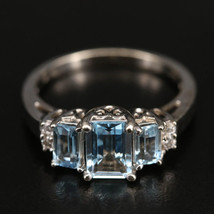 Natural Aquamarine Engagement Ring 14k Gold Aquamarine Three Stones Wedding Ring - £942.44 GBP